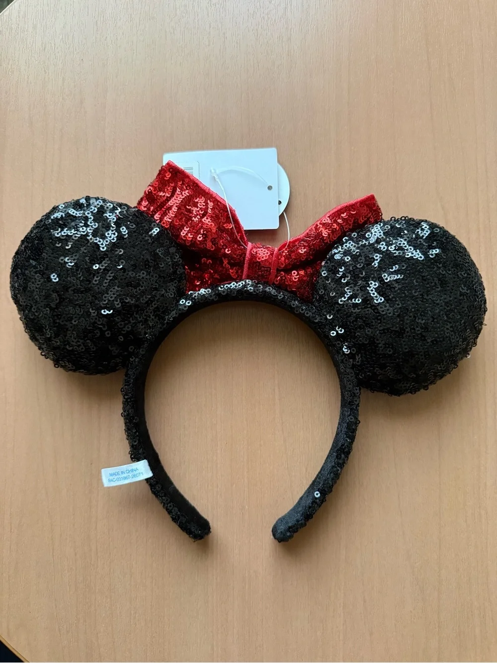 Disney Black Sequin Minnie Ears Headband with Red Bow